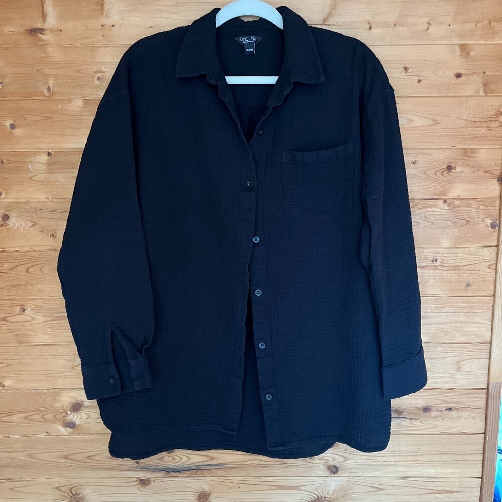 Rachel Roy Long Sleeve Black Textured Gauze Cotton Shirt, Hi Low, Size XL